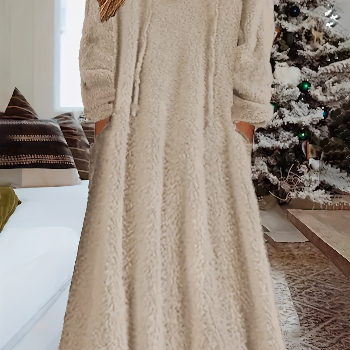 Long Sleeve Hooded Fleece Maxi Dress for Cozy Comfort