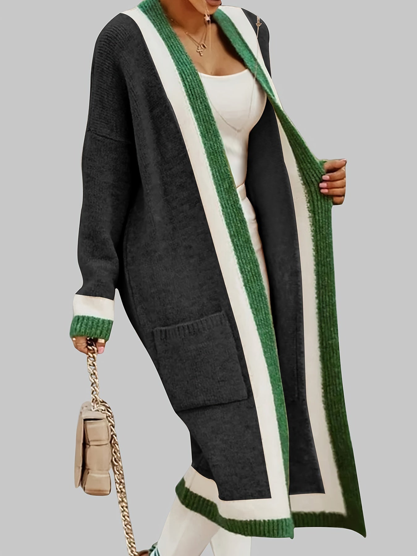 Women’s Long Striped-Trim Open-Front Knit Cardigan