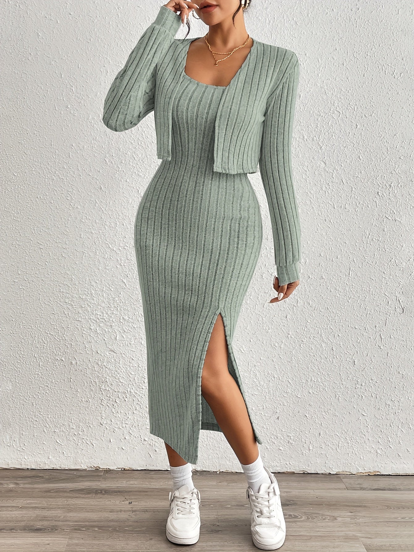 Long Sleeve Ribbed Knit Midi Dress with Side Slit for Casual Style