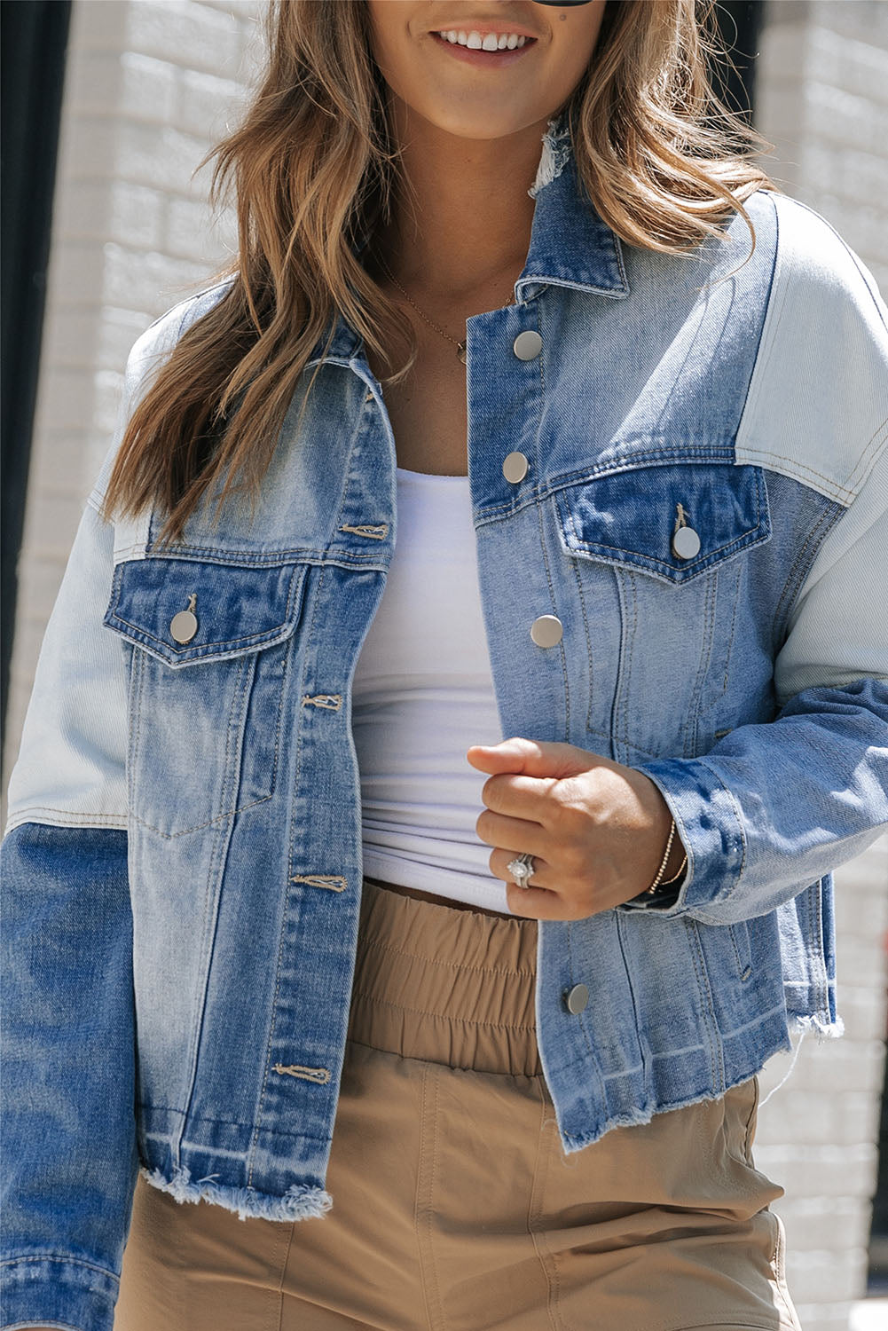 Women’s Two-Tone Denim Jacket – Stylish Colorblock Casual Jean Outerwear