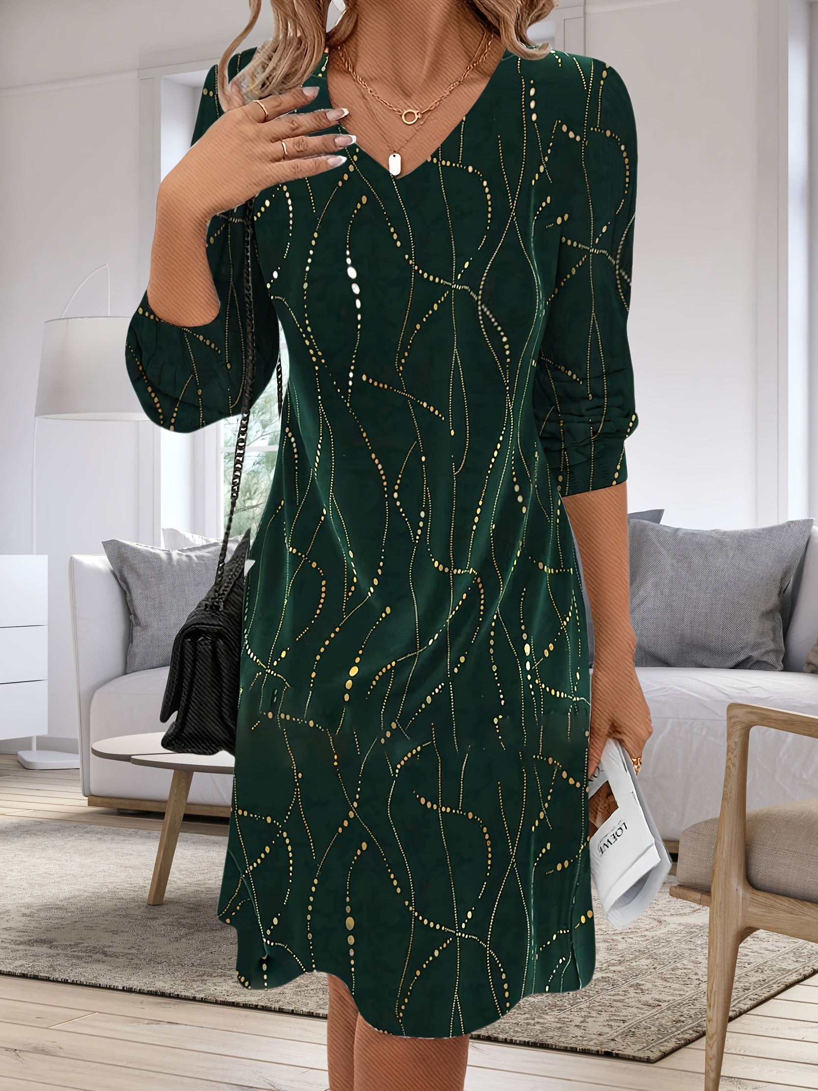 Velvet V Neck Long Sleeve Mini Dress with Gold Print Detail