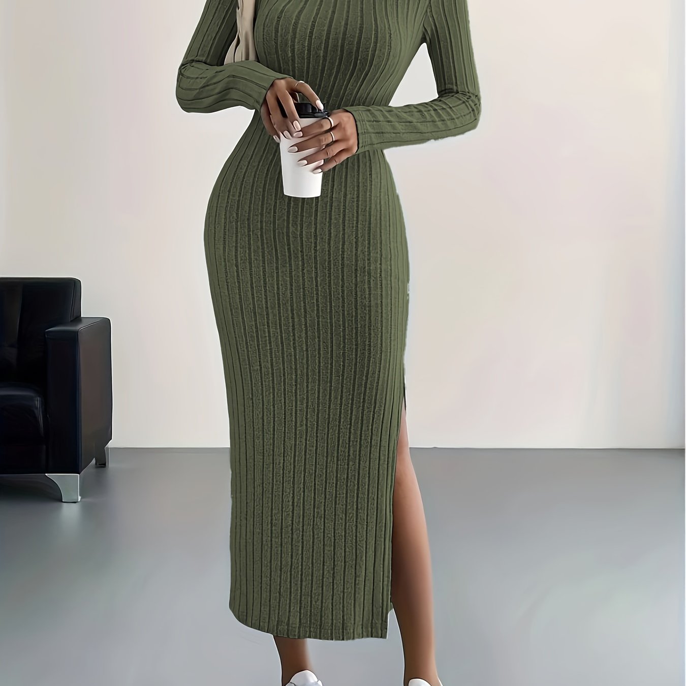 Long Sleeve Ribbed Knit Maxi Dress for Effortless Comfort
