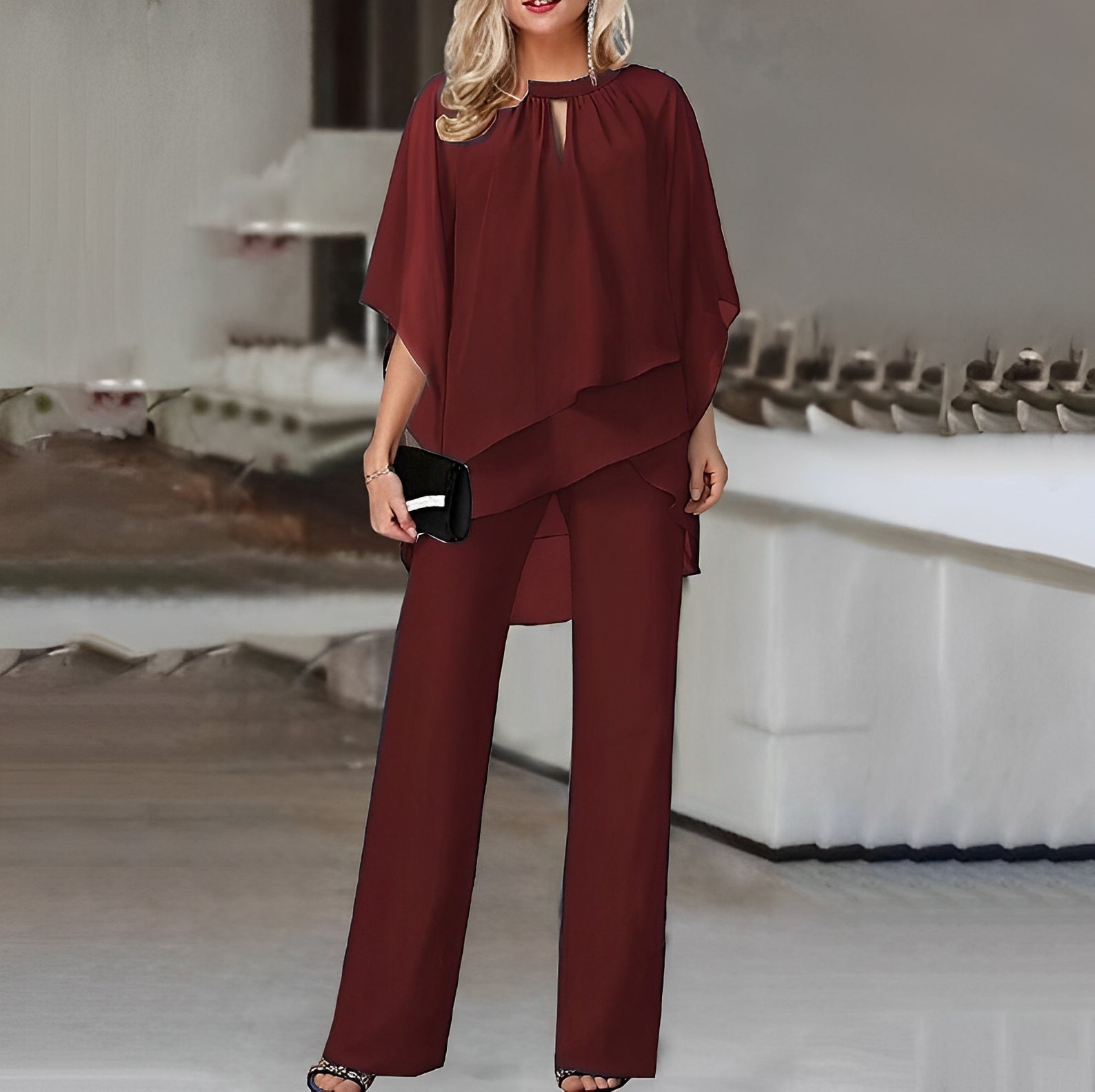 Elegant Two-Piece Flowy Cape Top and Wide-Leg Pants Set