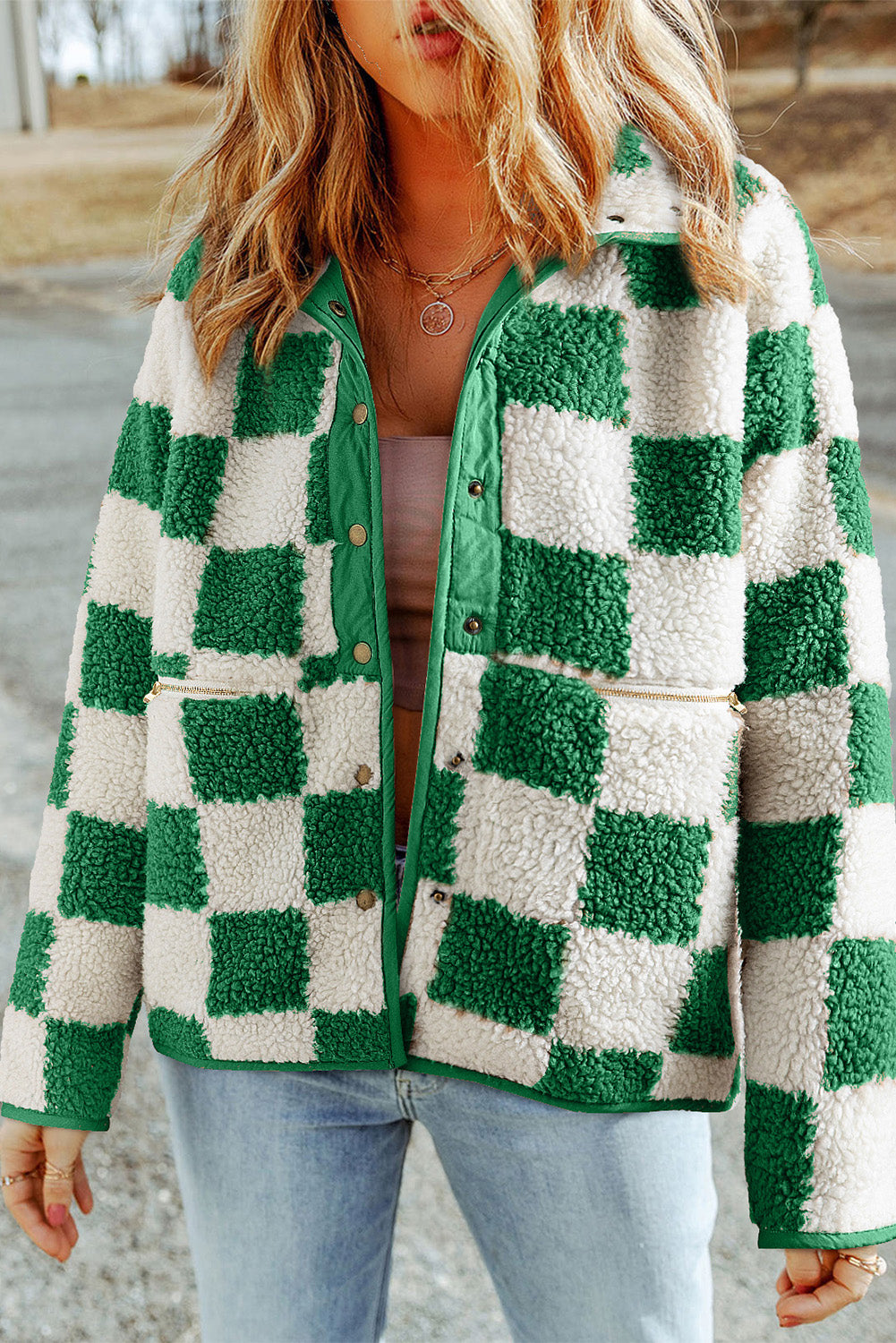 Checkerboard Fuzzy Zip-Up Jacket for Women