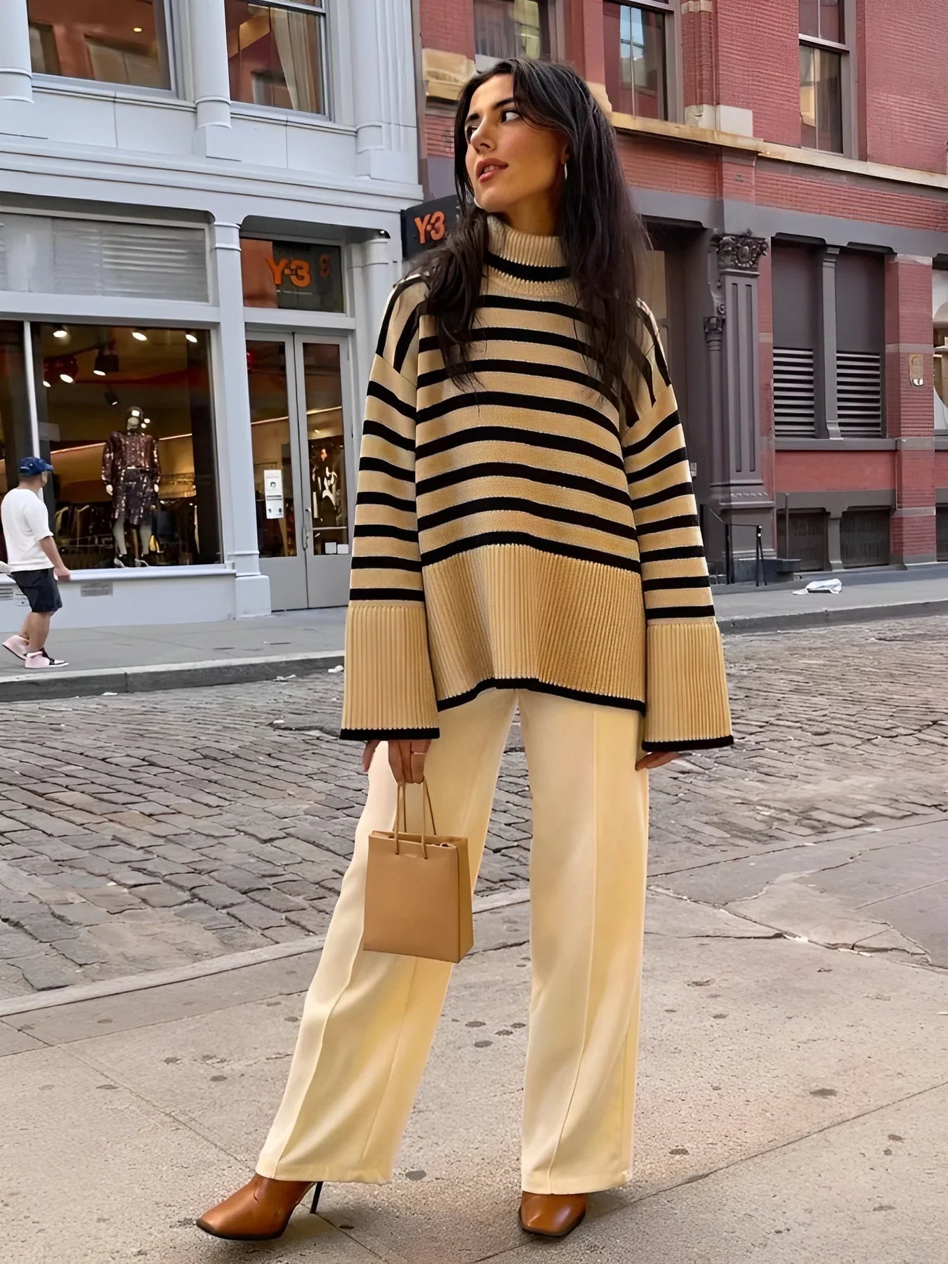 Striped Turtleneck Oversized Knit Sweater – Cozy Winter Pullover