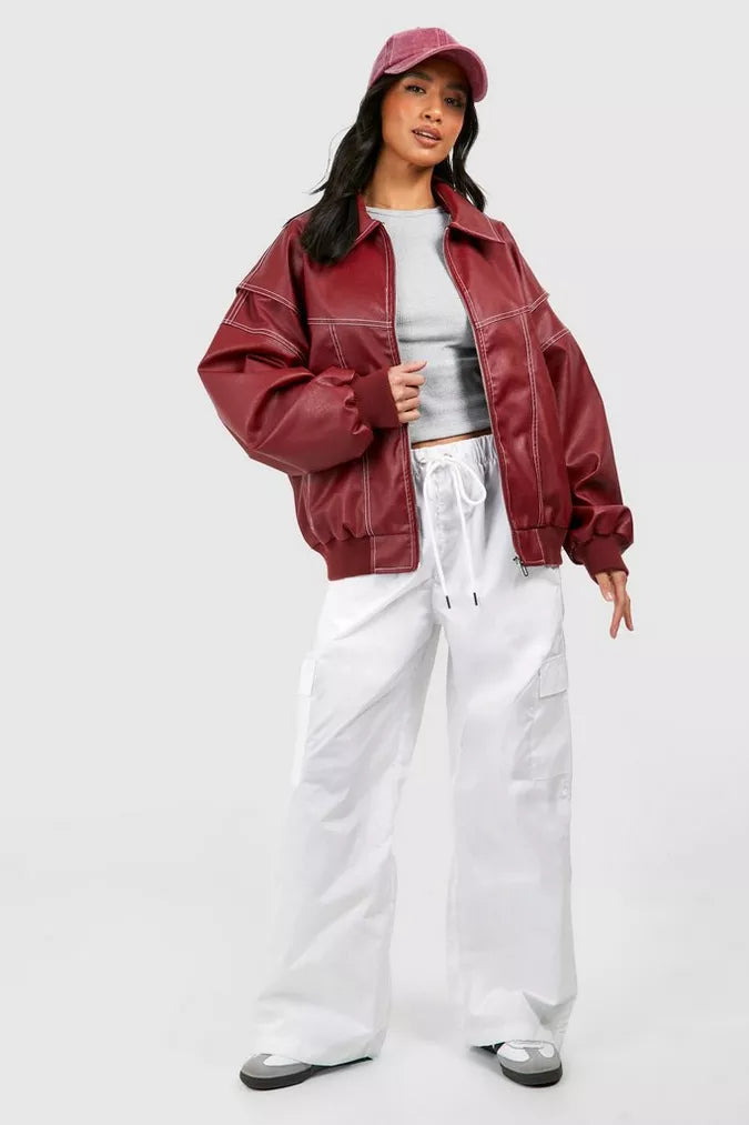 Oversized Faux Leather Bomber Jacket for Street Style Edge