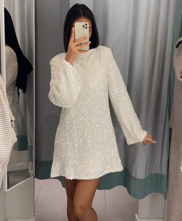 Sequin Long Sleeve Mini Dress with Bow Back Detail
