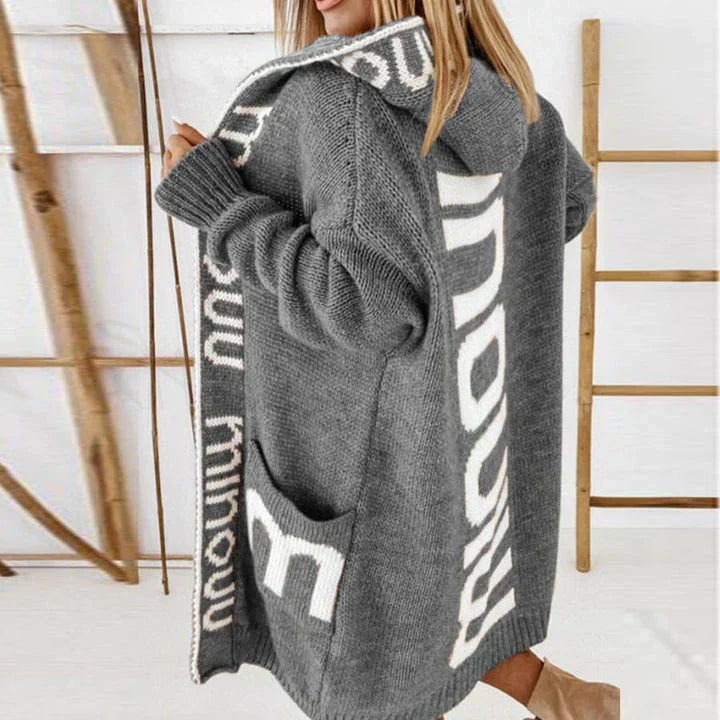 Women’s Hooded Long Knit Cardigan with Letter Design