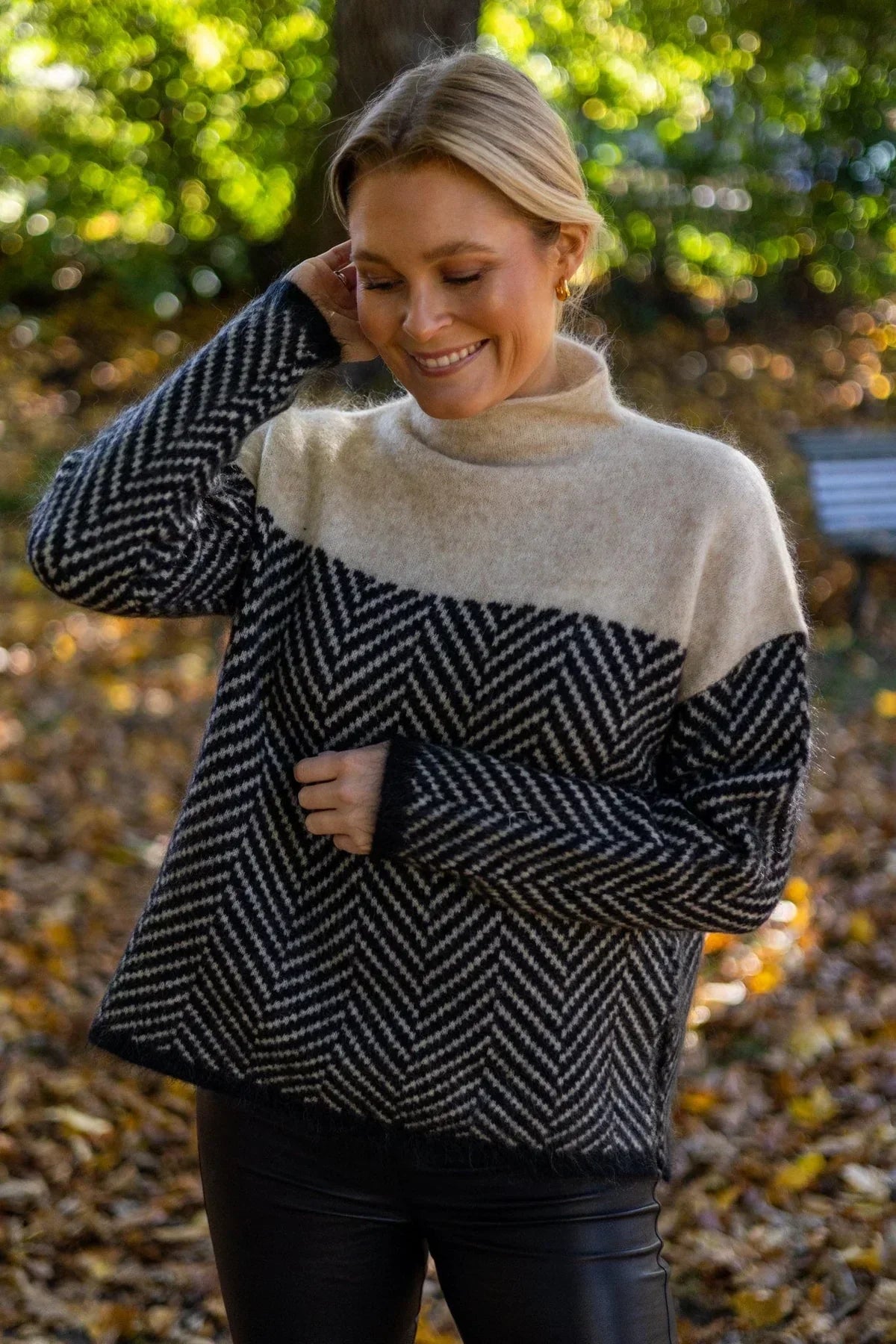 Cozy Two-Tone Chevron Knit Sweater with High Neck