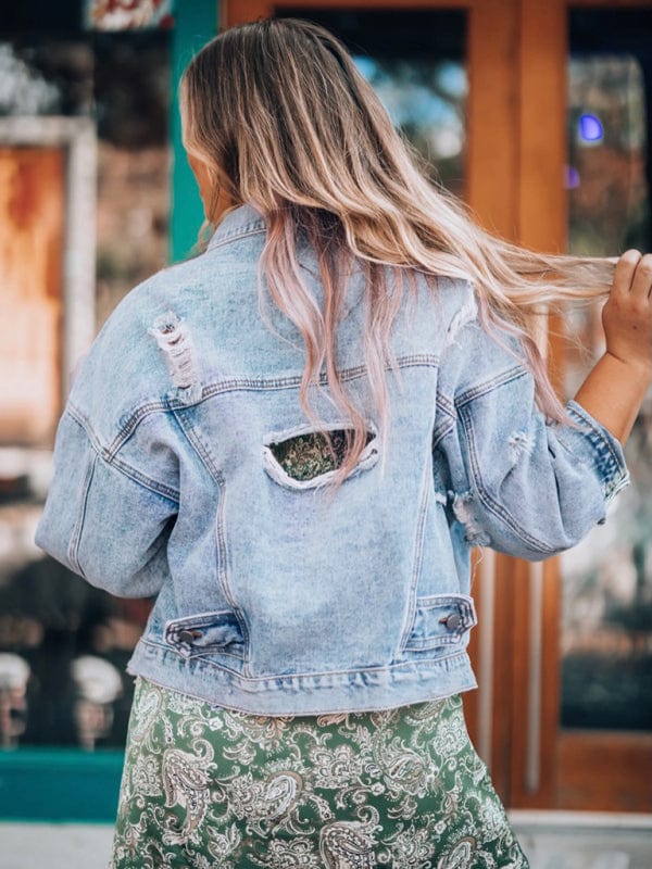 Casual Distressed Light Wash Denim Jacket for Women