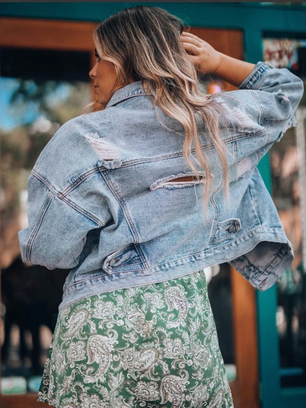Casual Distressed Light Wash Denim Jacket for Women