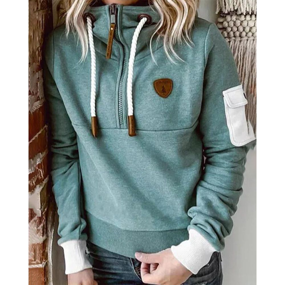 Women’s Contrast Patch Drawstring Casual Hoodie
