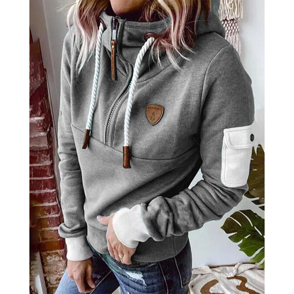 Women’s Contrast Patch Drawstring Casual Hoodie