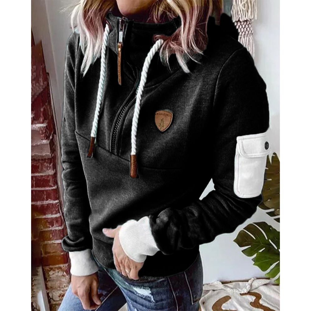 Women’s Contrast Patch Drawstring Casual Hoodie