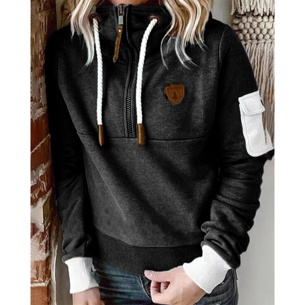 Women’s Contrast Patch Drawstring Casual Hoodie