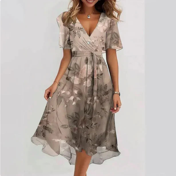 Floral Chiffon V-Neck Short Sleeve Midi Dress