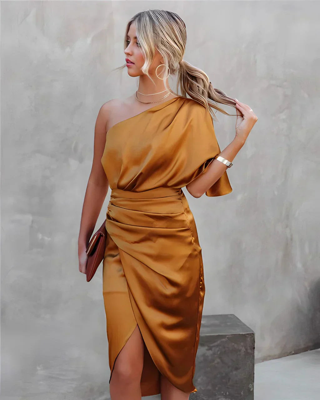 One Shoulder Draped Satin Midi Dress with Slit for Elegant Events
