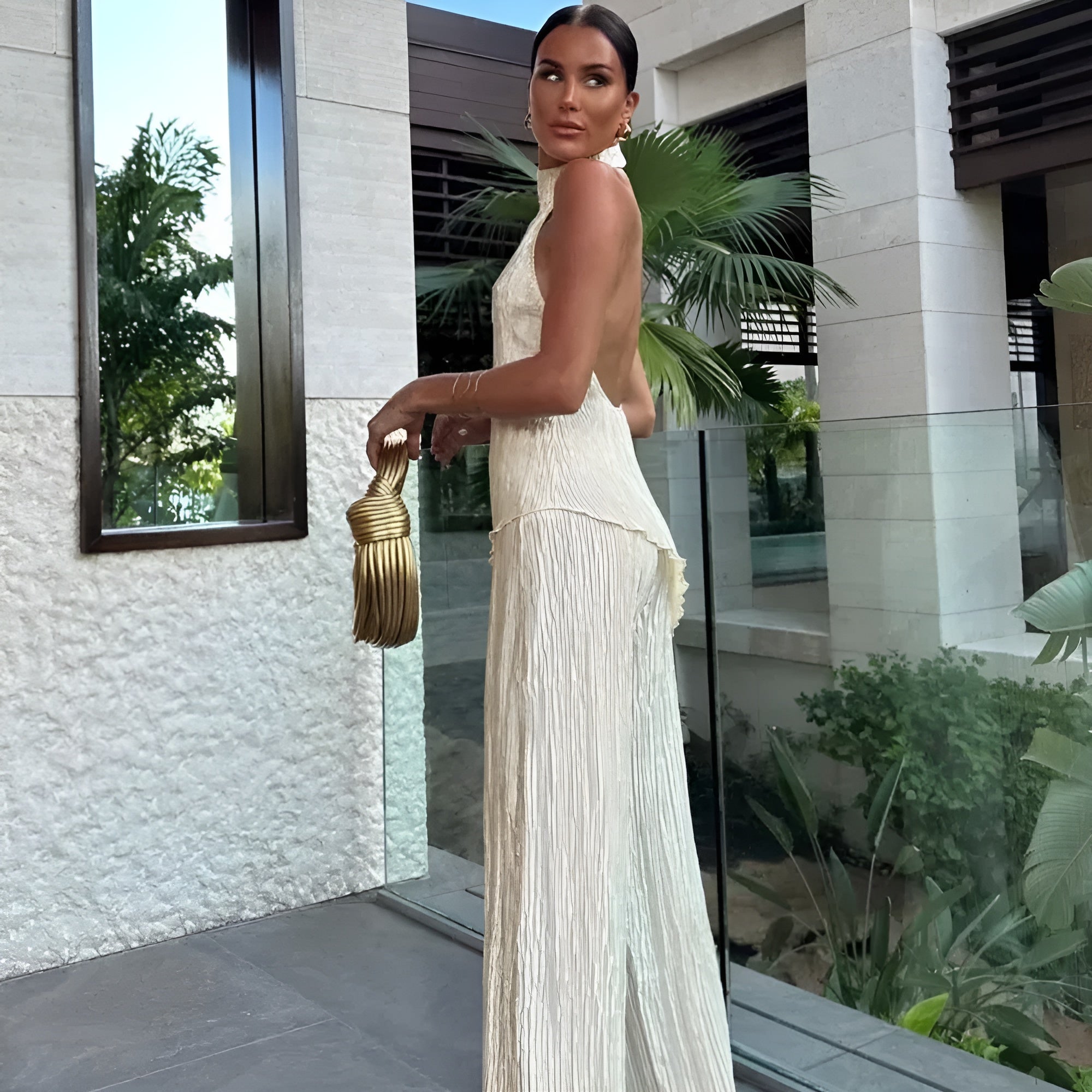 One-Shoulder Pleated Wide-Leg Jumpsuit