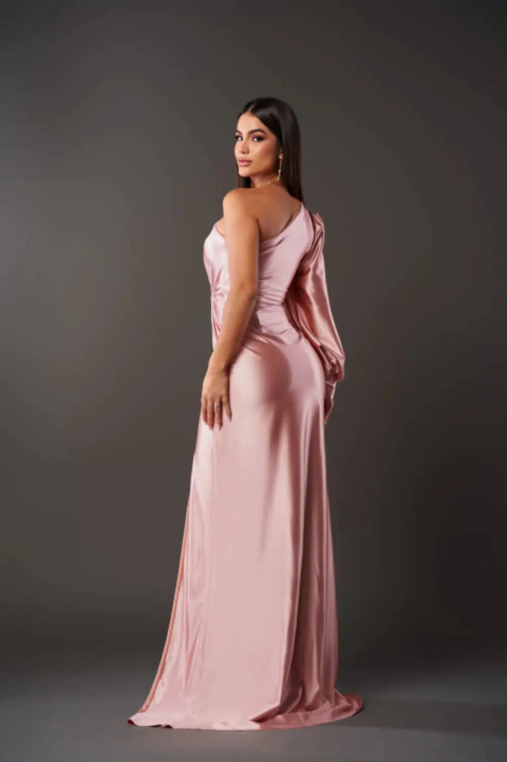 One Shoulder Satin Draped Maxi Evening Dress