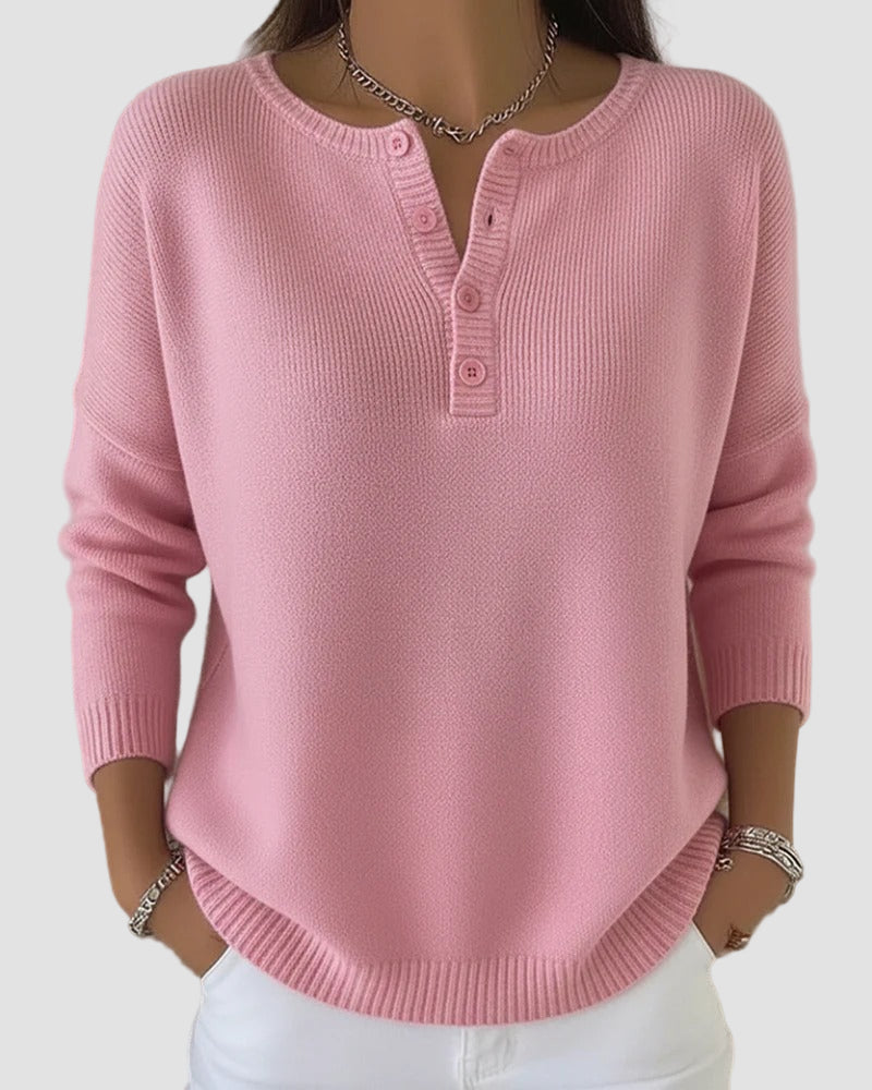 Henley Neck Knit Long Sleeve Sweater Top