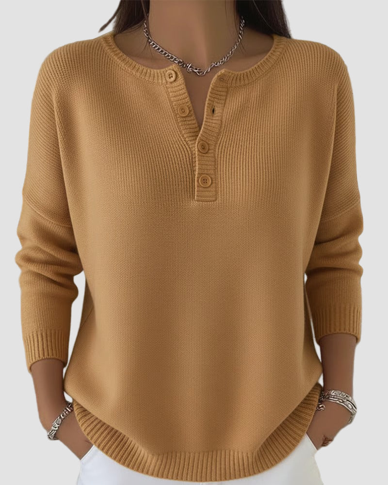 Henley Neck Knit Long Sleeve Sweater Top