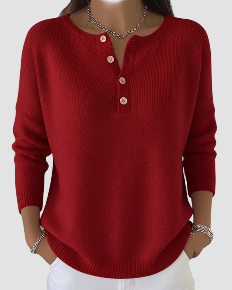 Henley Neck Knit Long Sleeve Sweater Top