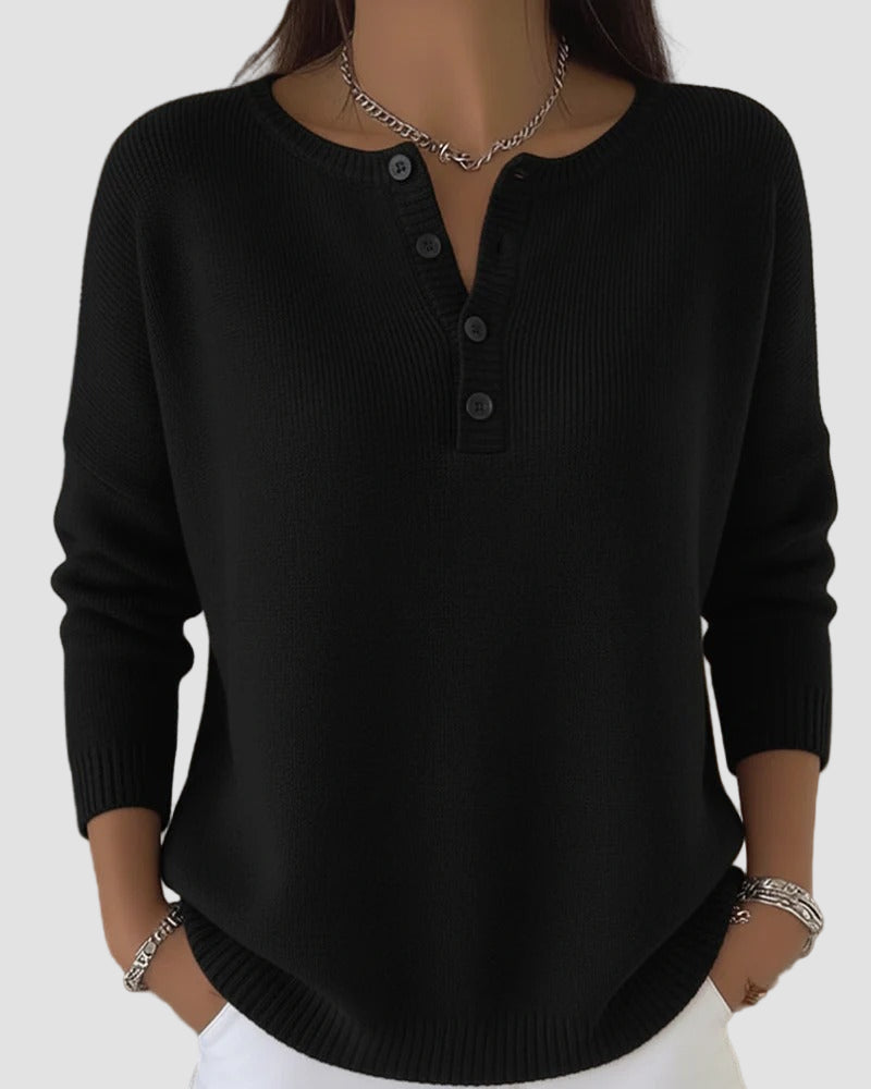 Henley Neck Knit Long Sleeve Sweater Top