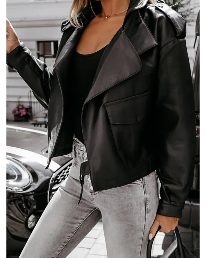 Trendy Faux Leather Cropped Biker Jacket with Wide Lapel