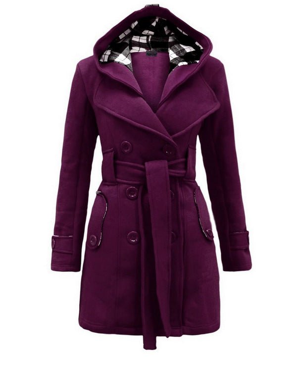 Women’s Hooded Wool Blend Belted Coat with Double-Breasted Front