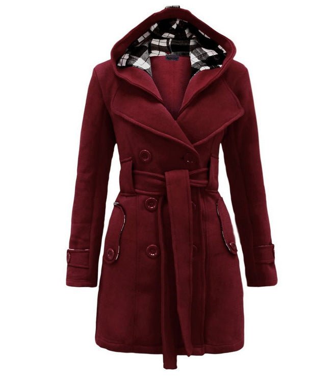 Women’s Hooded Wool Blend Belted Coat with Double-Breasted Front
