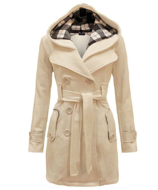 Women’s Hooded Wool Blend Belted Coat with Double-Breasted Front