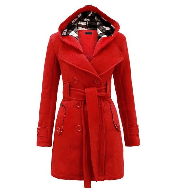 Women’s Hooded Wool Blend Belted Coat with Double-Breasted Front
