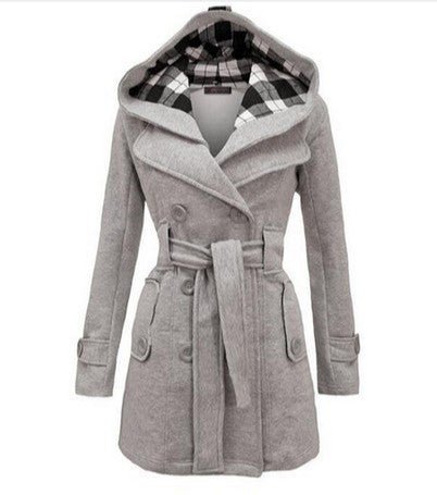 Women’s Hooded Wool Blend Belted Coat with Double-Breasted Front