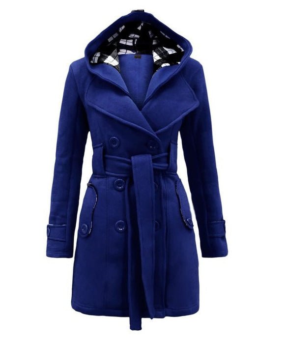 Women’s Hooded Wool Blend Belted Coat with Double-Breasted Front
