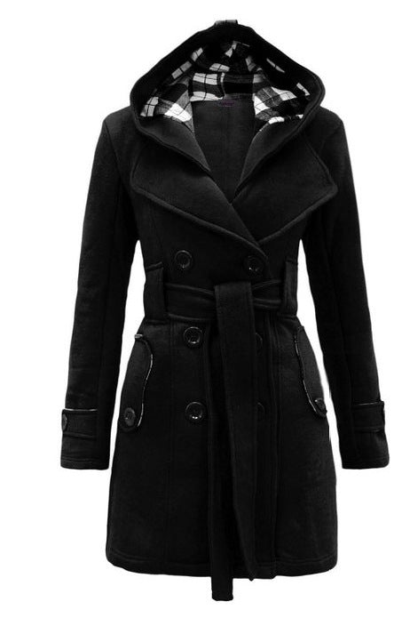 Women’s Hooded Wool Blend Belted Coat with Double-Breasted Front