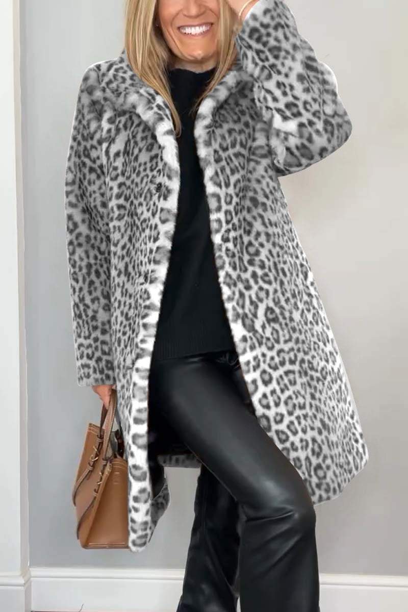 Long Leopard Print Faux Fur Coat
