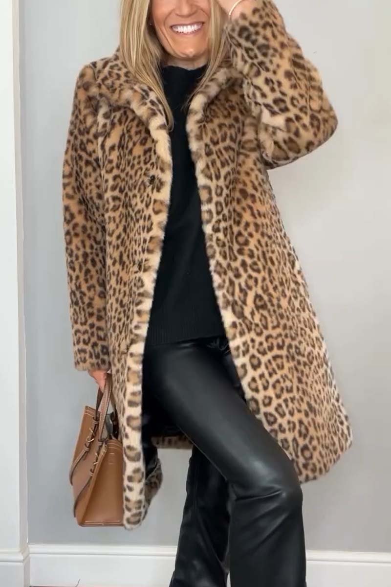 Long Leopard Print Faux Fur Coat