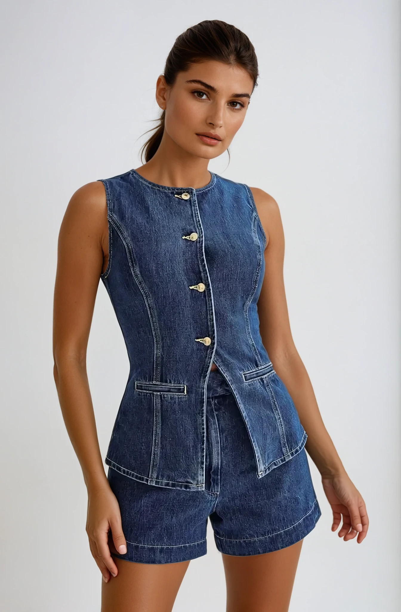 Sleeveless Button-Up Denim Romper