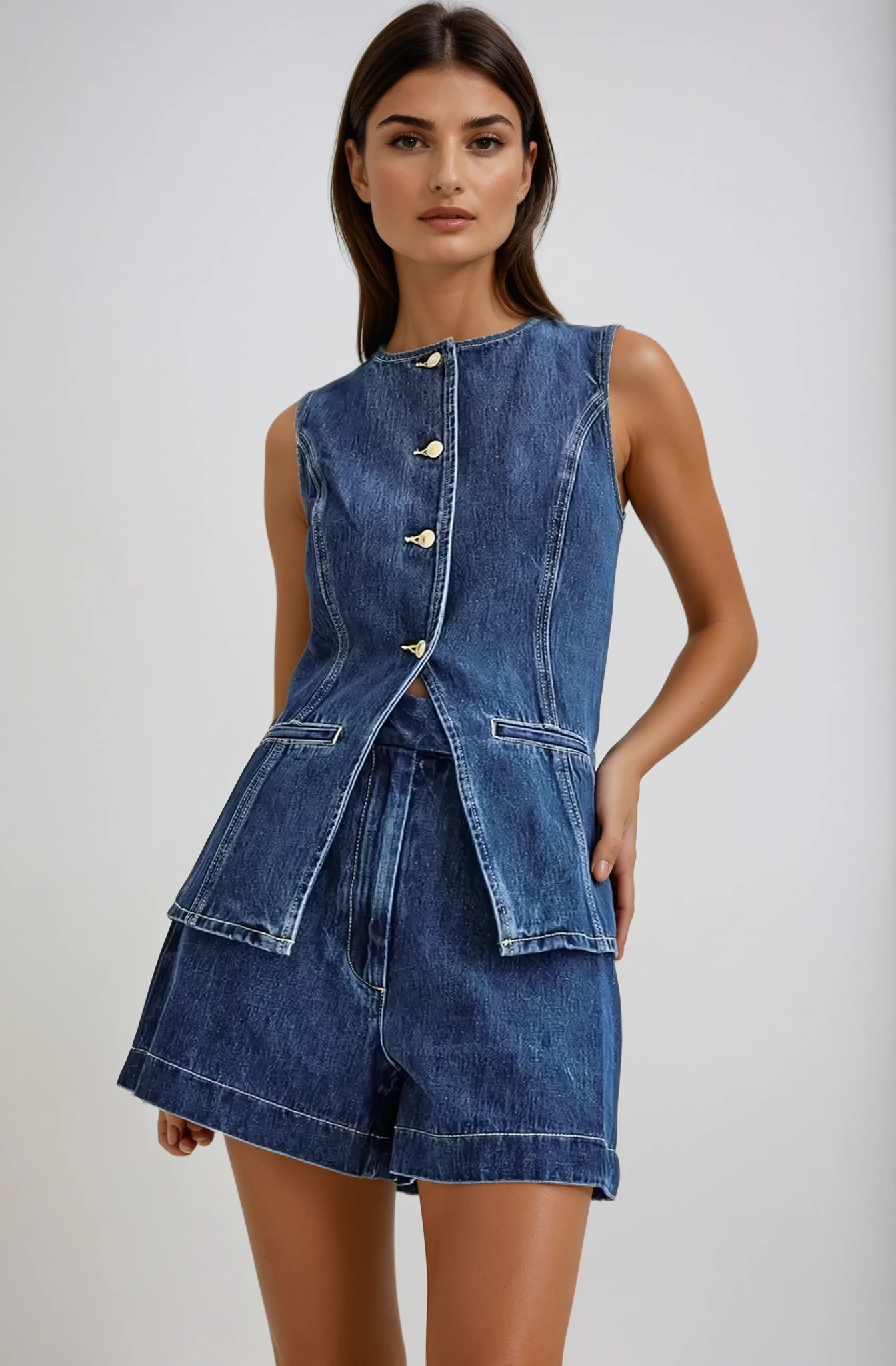 Sleeveless Button-Up Denim Romper