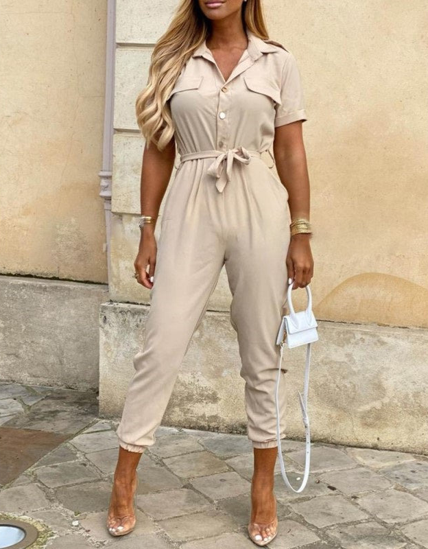 Casual Short-Sleeve Belted Jumpsuit with Tapered Legs