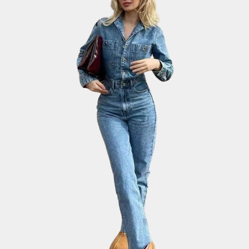Long Sleeve Denim Jumpsuit with Belt