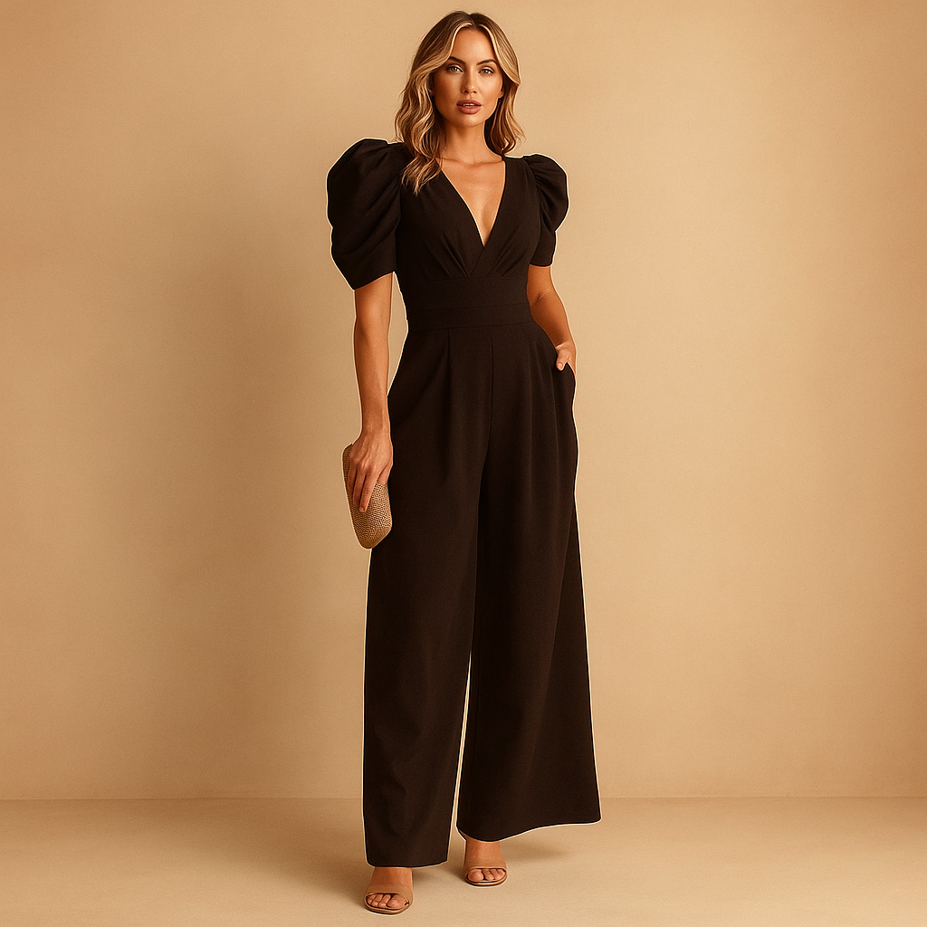V-Neck Puff Sleeve Wide-Leg Jumpsuit