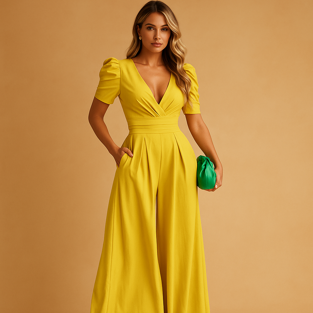 V-Neck Puff Sleeve Wide-Leg Jumpsuit
