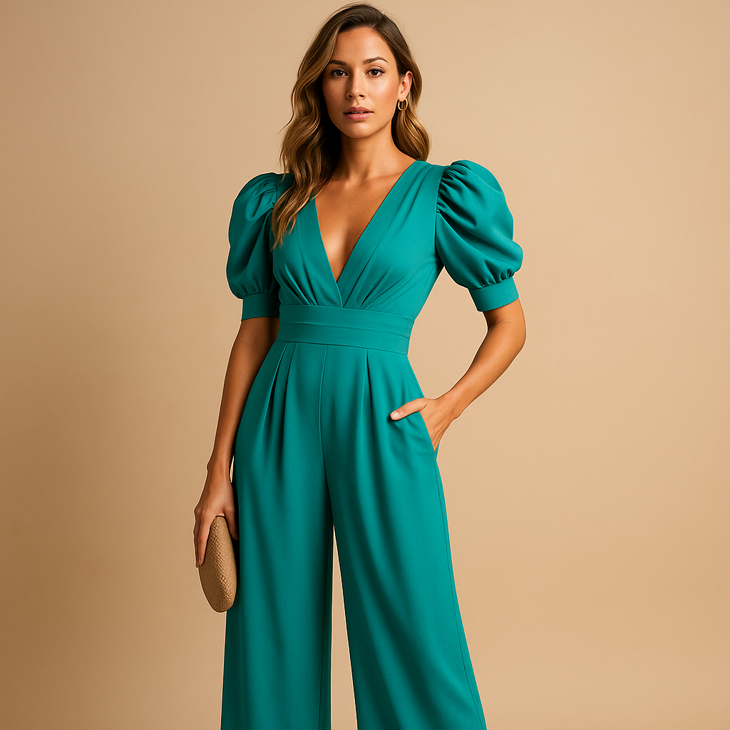 V-Neck Puff Sleeve Wide-Leg Jumpsuit