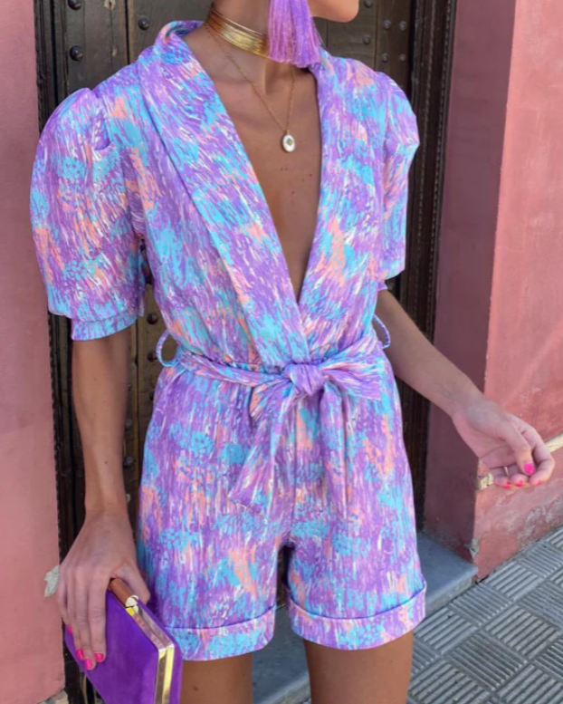 V-Neck Belted Printed Short-Sleeve Women’s Romper