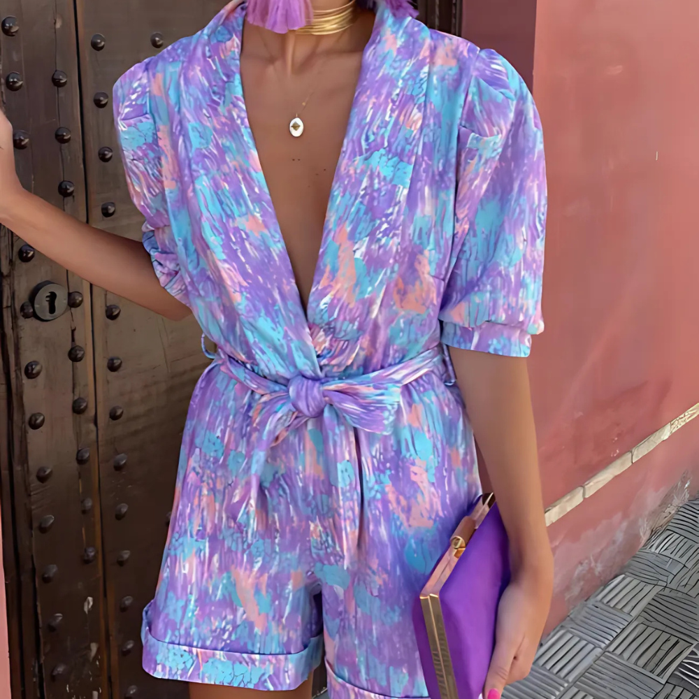 V-Neck Belted Printed Short-Sleeve Women’s Romper
