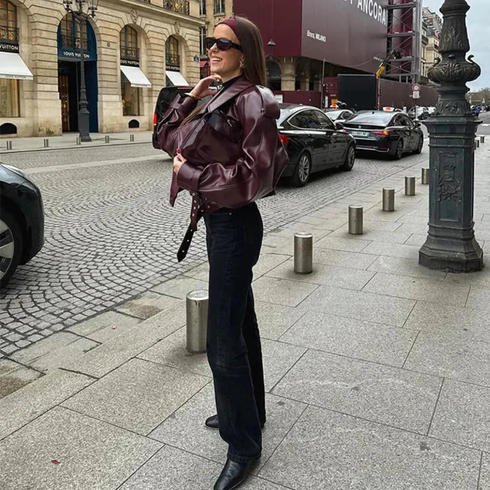 Belted Faux Leather Jacket for Women