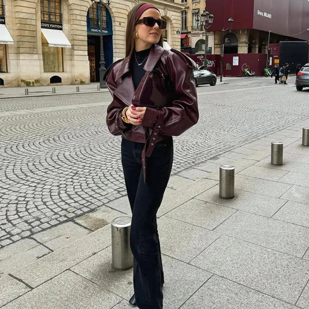 Belted Faux Leather Jacket for Women