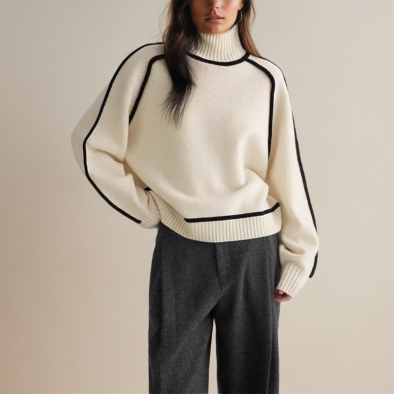 Elegant Contrast-Trim Turtleneck Knit Sweater for Women
