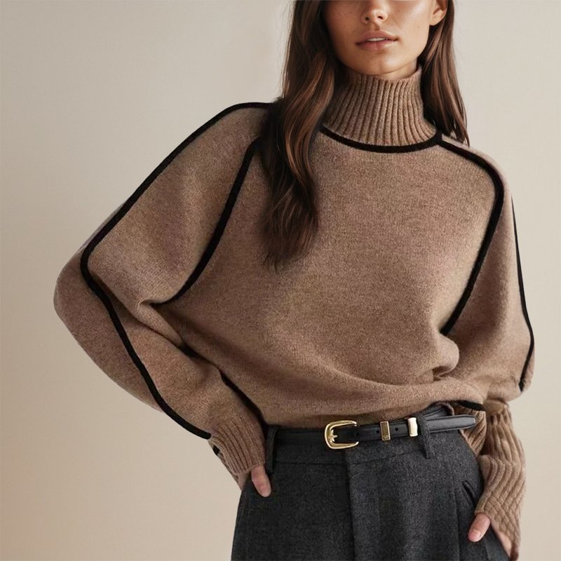 Elegant Contrast-Trim Turtleneck Knit Sweater for Women